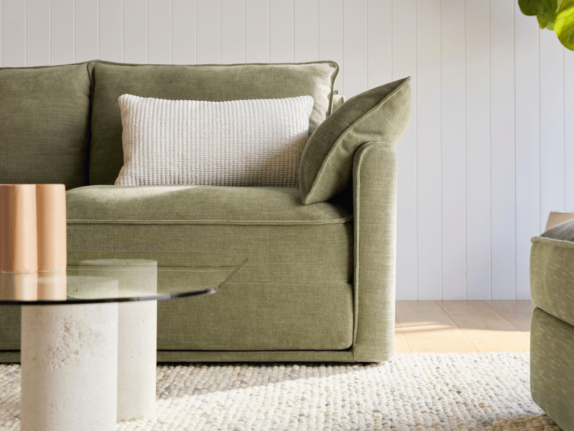Koala Cushy Sofa Bed in olive green close-up detail of fabric and stitching