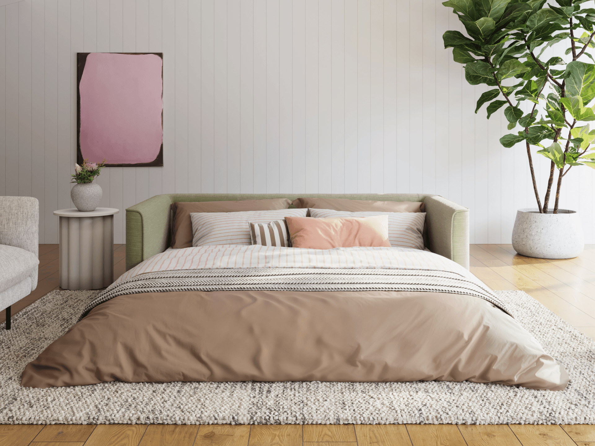 Koala Cushy Sofa Bed in olive green unfolded into bed mode in room setting