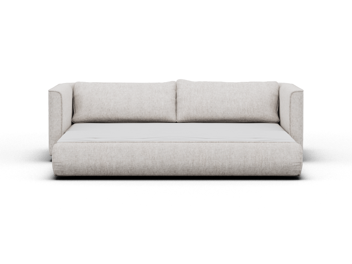 Koala Cushy Sofa Bed in sandstone studio front view in sofa mode with cushions