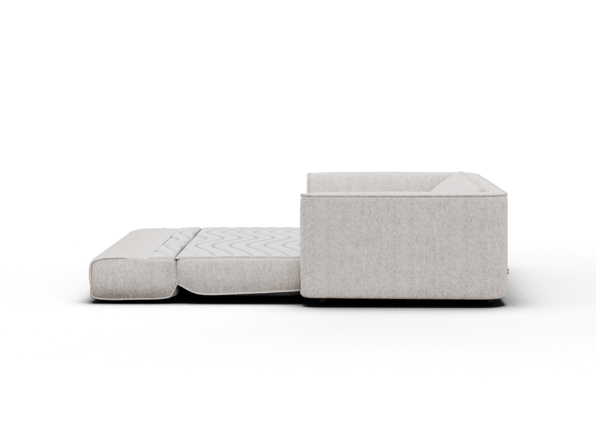 Koala Cushy Sofa Bed in sandstone studio view with matching ottoman