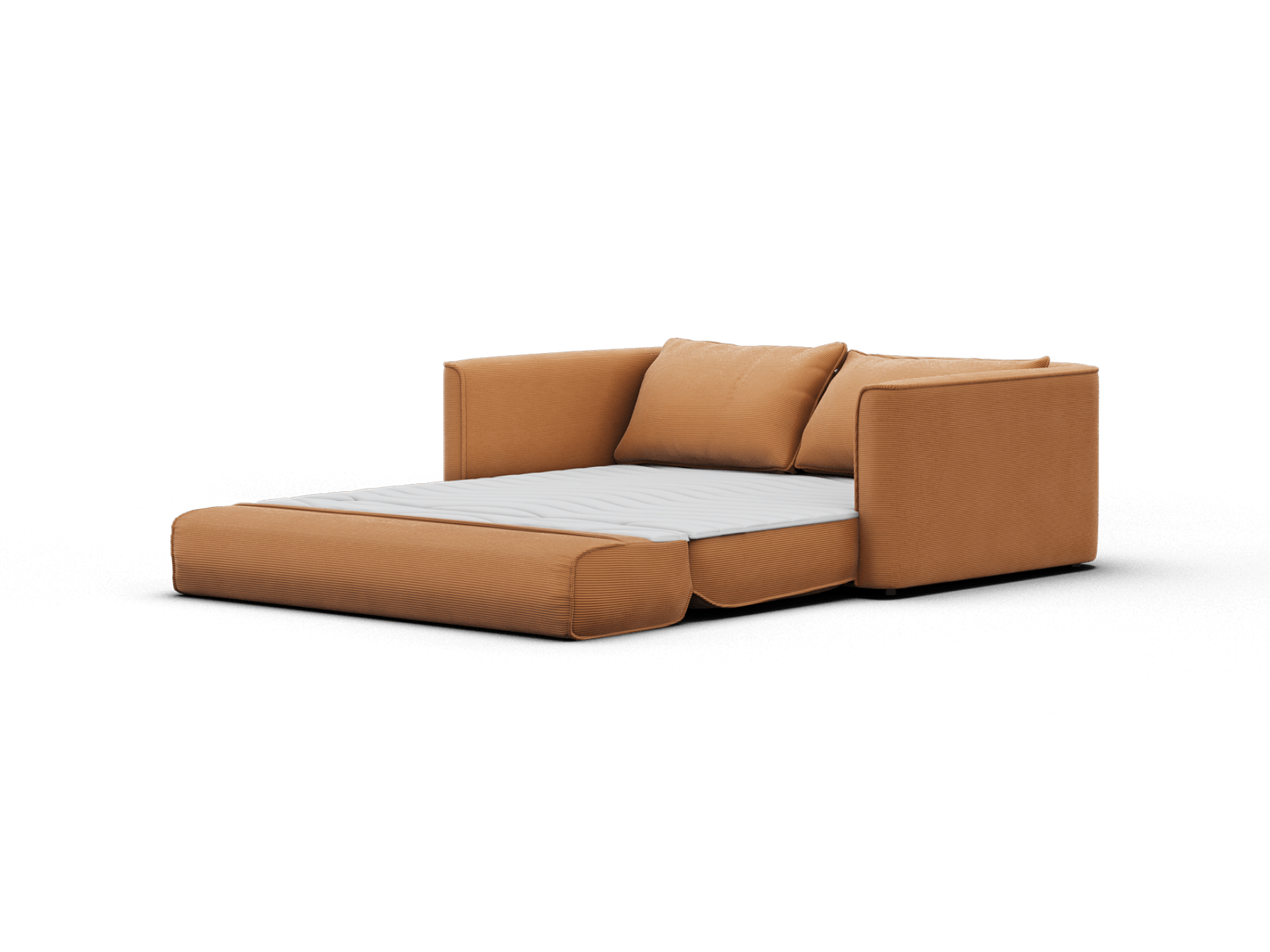 Koala Sofa Bed Double in terracotta corduroy unfolded into bed mode three-quarter view on grey studio background
