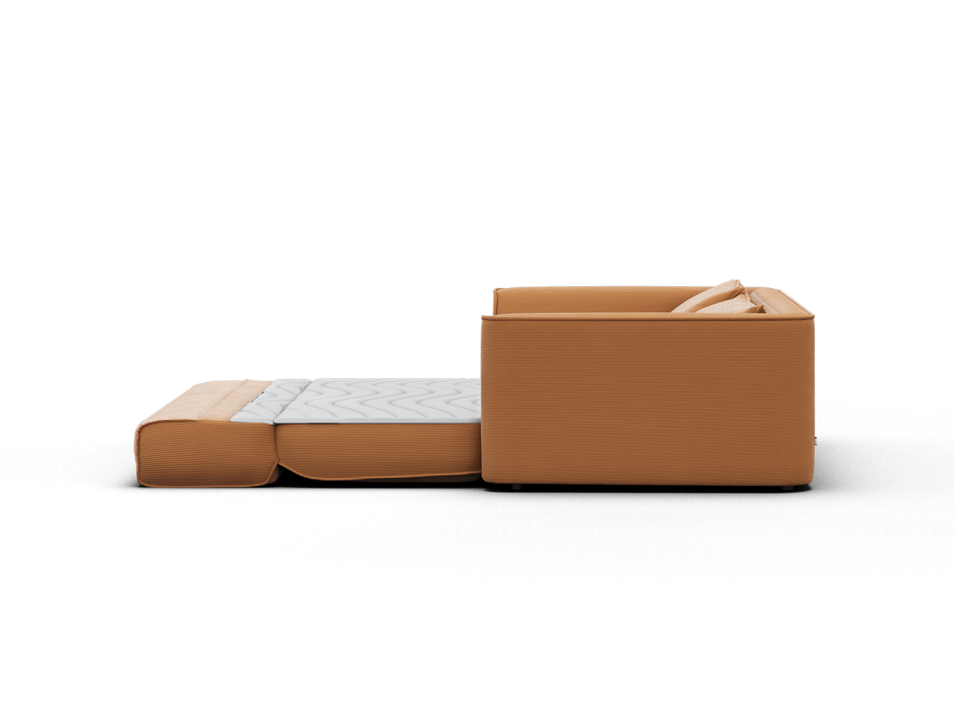 Koala Sofa Bed Double in terracotta corduroy unfolded bed mode side profile on grey studio background