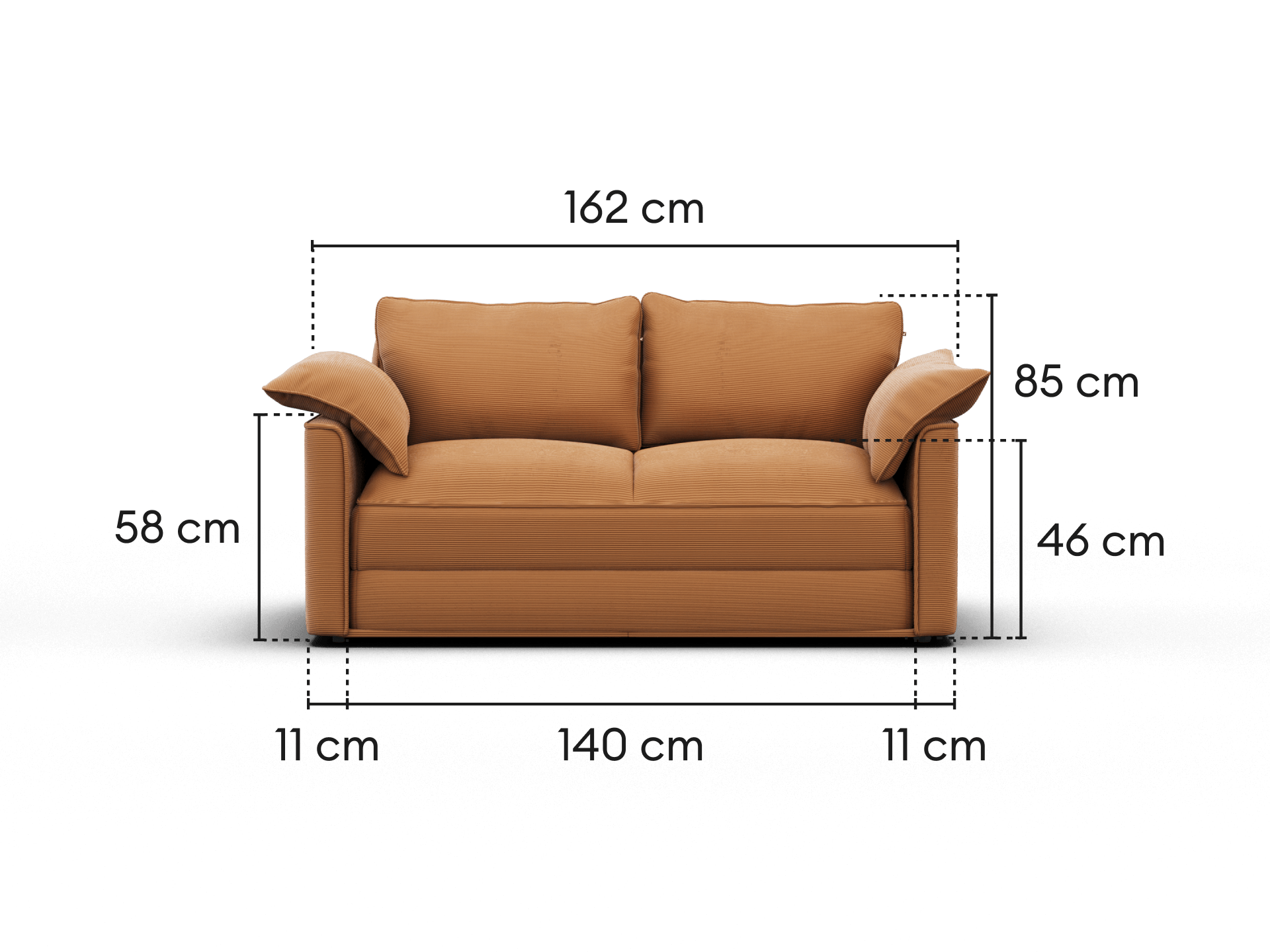 Koala Sofa Bed Double in terracotta corduroy sofa mode dimension diagram showing 162 cm wide and 85 cm high
