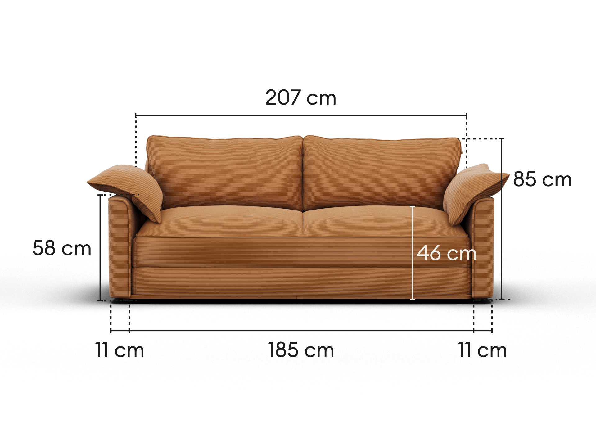 Koala Sofa Bed King in terracotta corduroy sofa mode dimension diagram with measurements