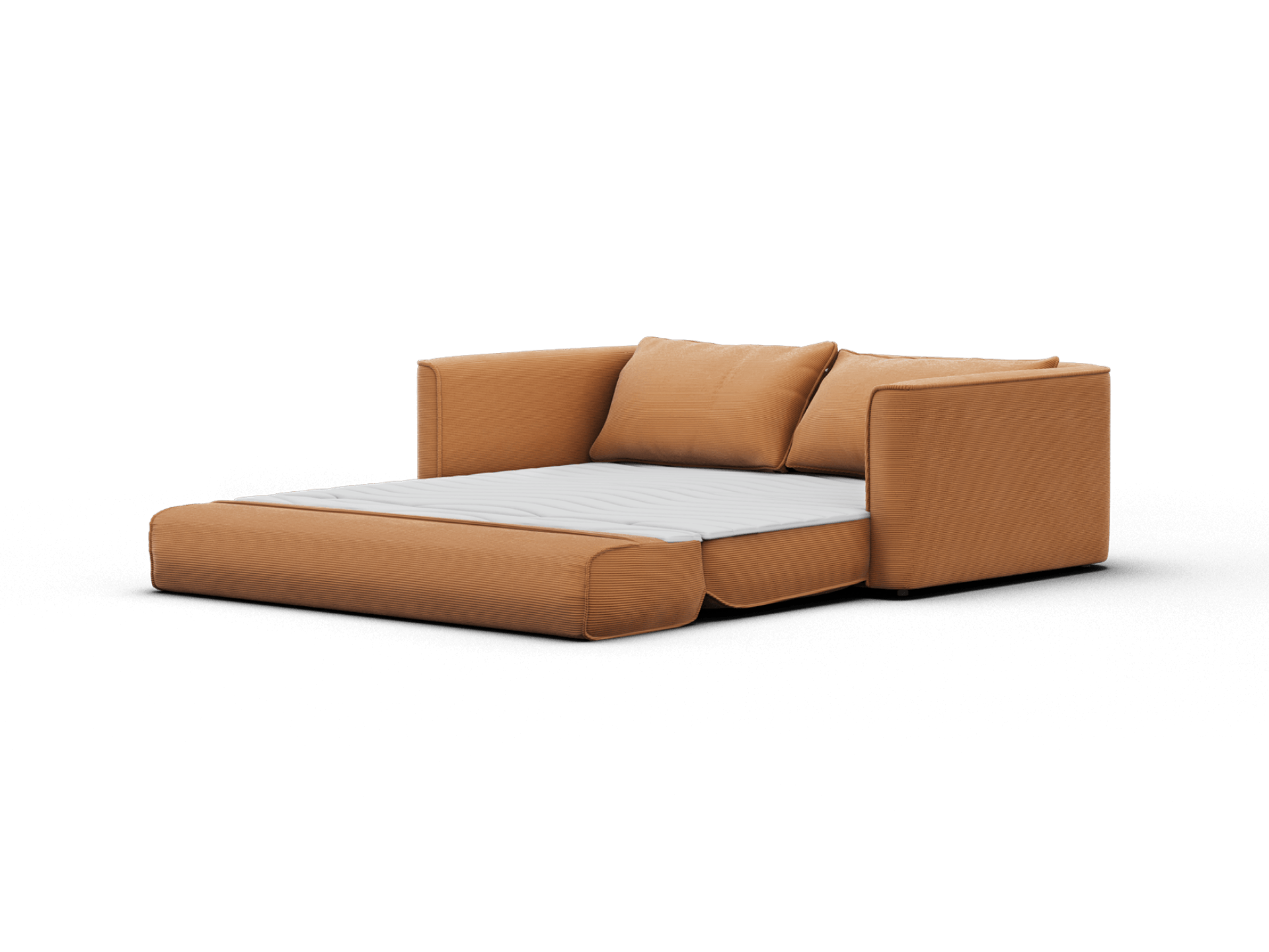 Koala Sofa Bed Queen in terracotta corduroy unfolded into bed mode three-quarter view on grey studio background