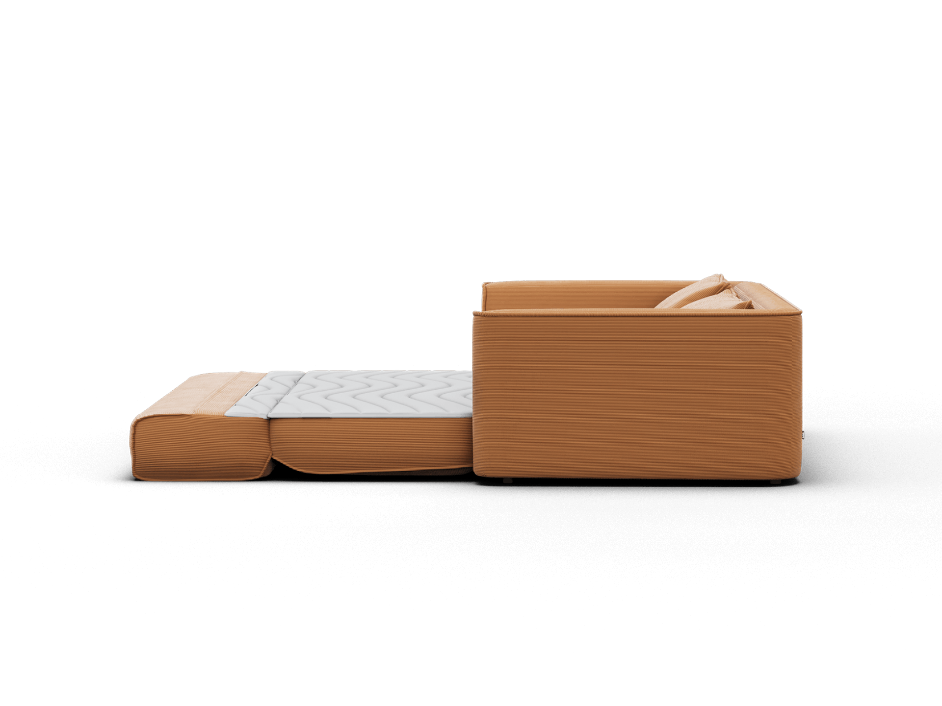 Koala Sofa Bed Queen in terracotta corduroy unfolded bed mode side profile on grey studio background