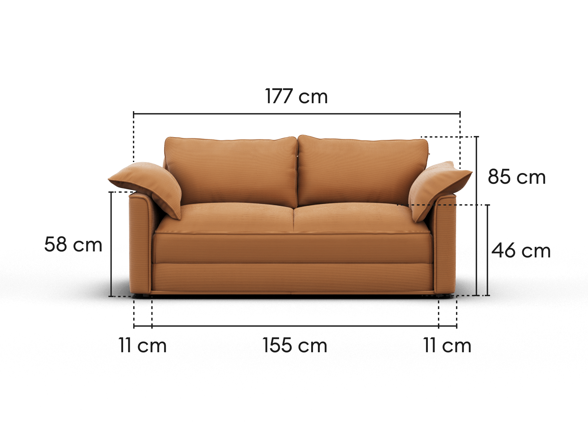 Koala Sofa Bed Queen in terracotta corduroy sofa mode dimension diagram with width and height measurements