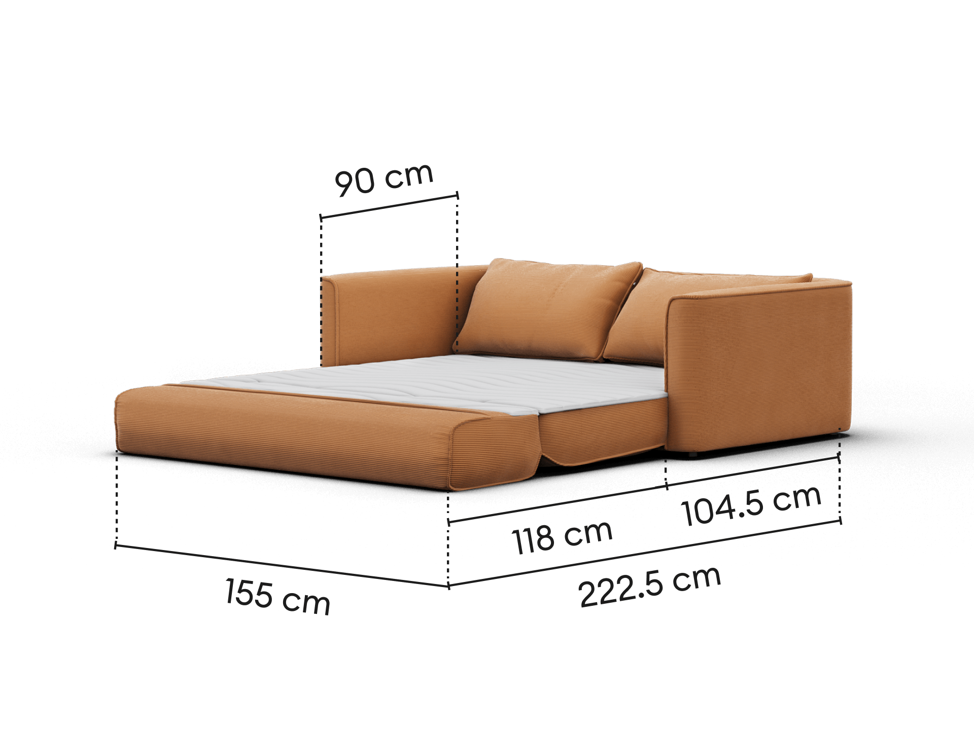 Koala Sofa Bed Queen in terracotta corduroy bed mode dimension diagram with length and width measurements
