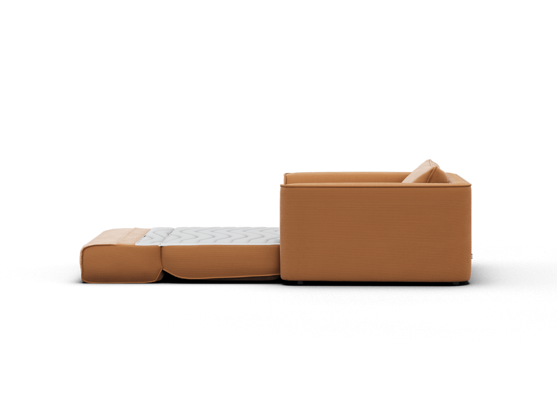 Koala Sofa Bed Single in terracotta corduroy three-quarter angle sofa mode on grey studio background