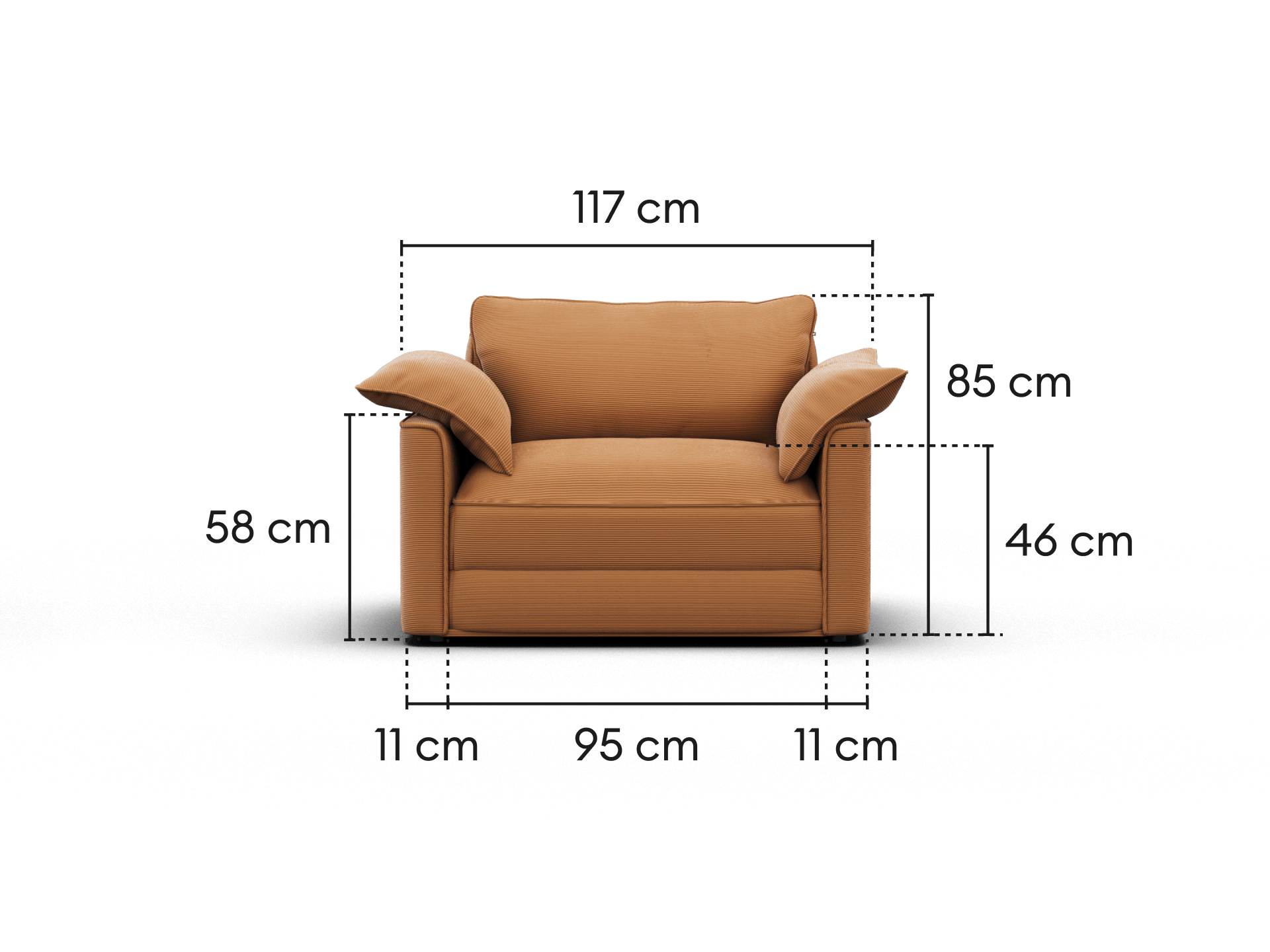 Koala Sofa Bed Single in terracotta corduroy sofa mode dimension diagram showing 117 cm wide and 85 cm high