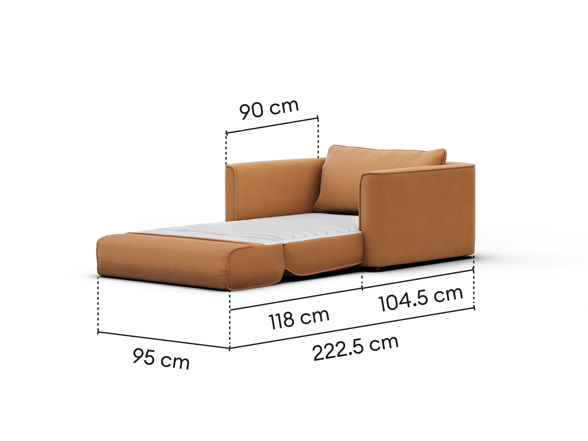 Koala Sofa Bed Single in terracotta corduroy unfolded bed mode side profile on grey studio background