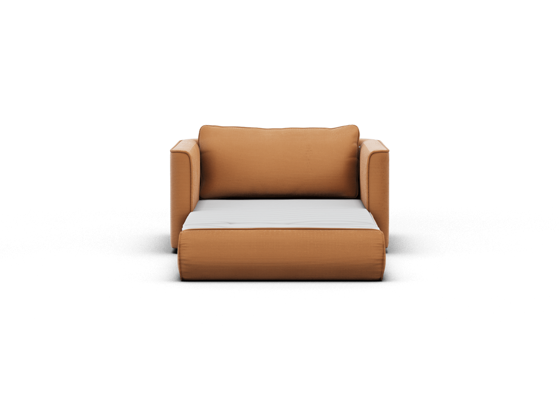 Man relaxing on Koala Sofa Bed Single in terracotta corduroy unfolded bed mode with yellow striped bedding