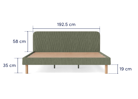 Green fabric bed frame with light wood slats and legs. Dimensions: 192.5 cm wide, 58 cm high headboard, 35 cm frame height, 19 cm leg height.