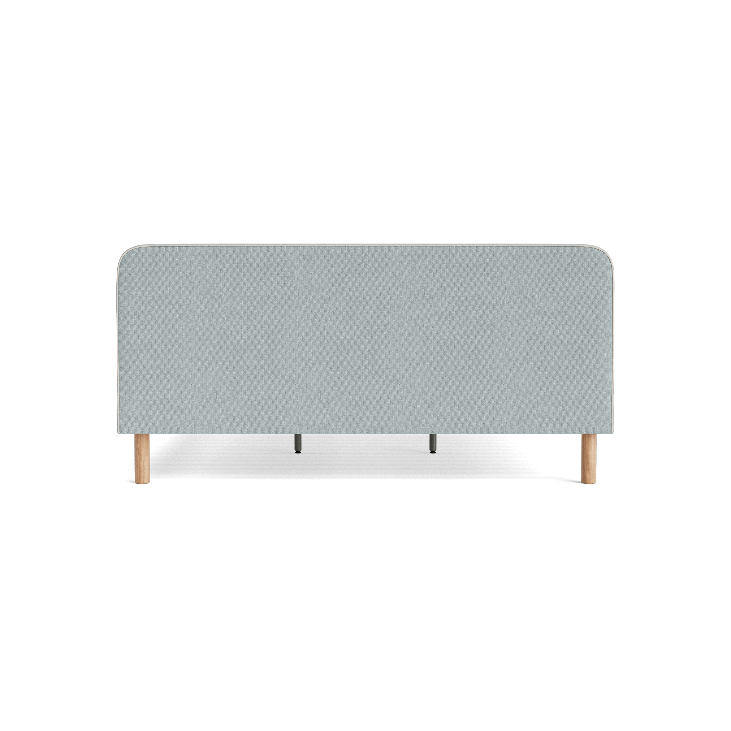 Light grey fabric bed headboard with rounded top edges, supported by light wood legs. Minimalist and modern bedroom furniture design.