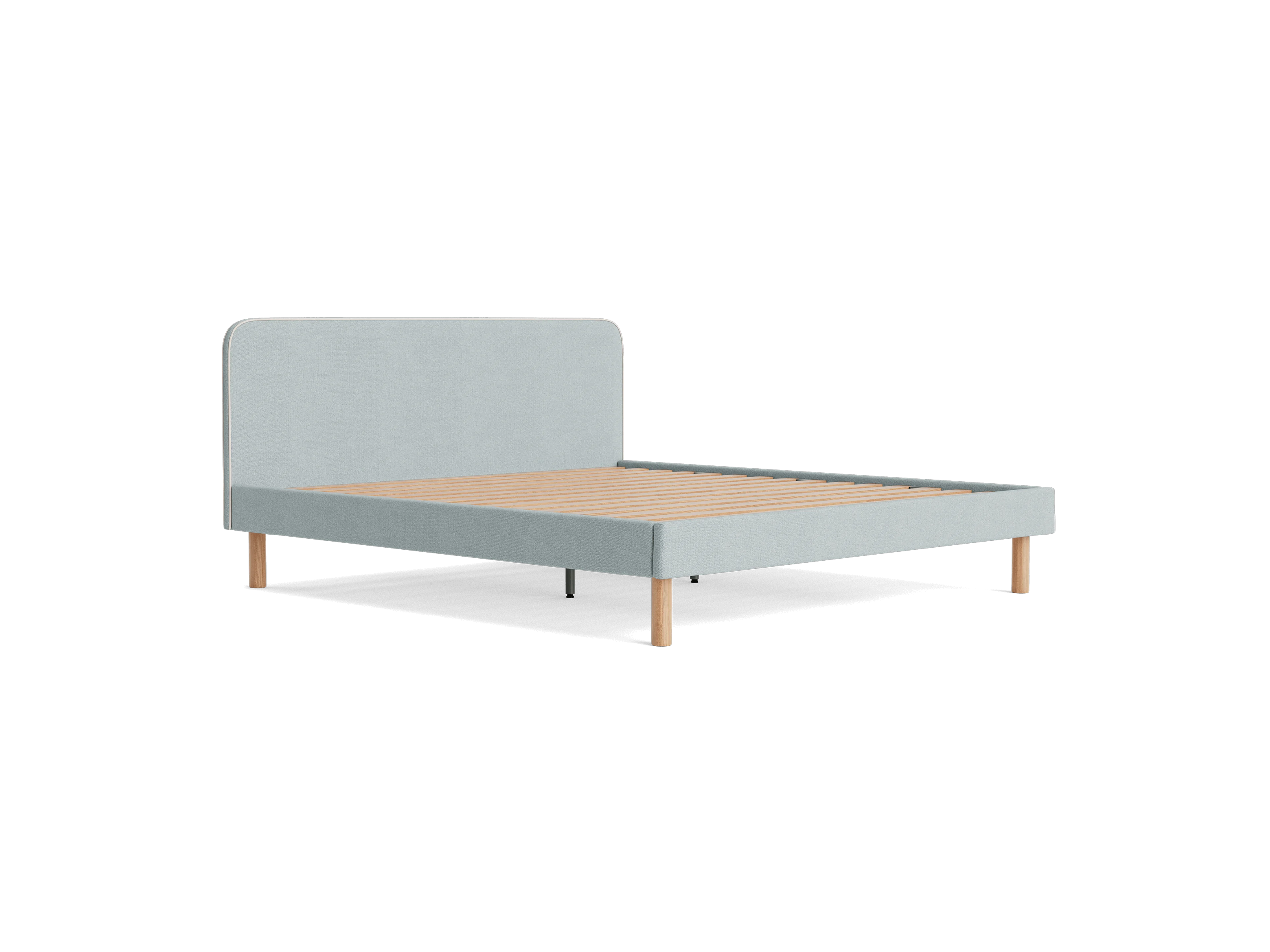 Light grey upholstered bed frame with a minimalist design, light wooden legs, and a slatted base. No mattress included.