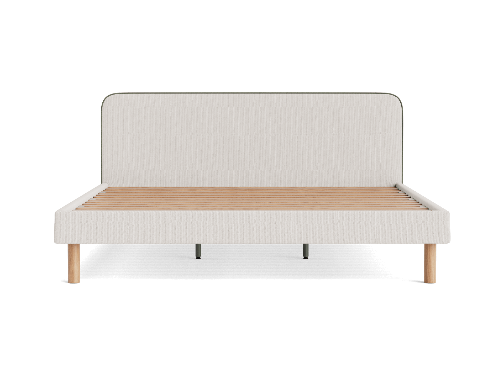 Minimalist bed frame with a light grey upholstered headboard, light wood slats, and cylindrical legs, viewed from the front.