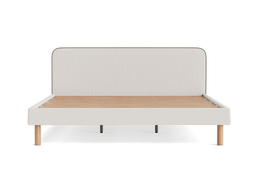 Minimalist bed frame with a light grey upholstered headboard, light wood slats, and cylindrical legs, viewed from the front.