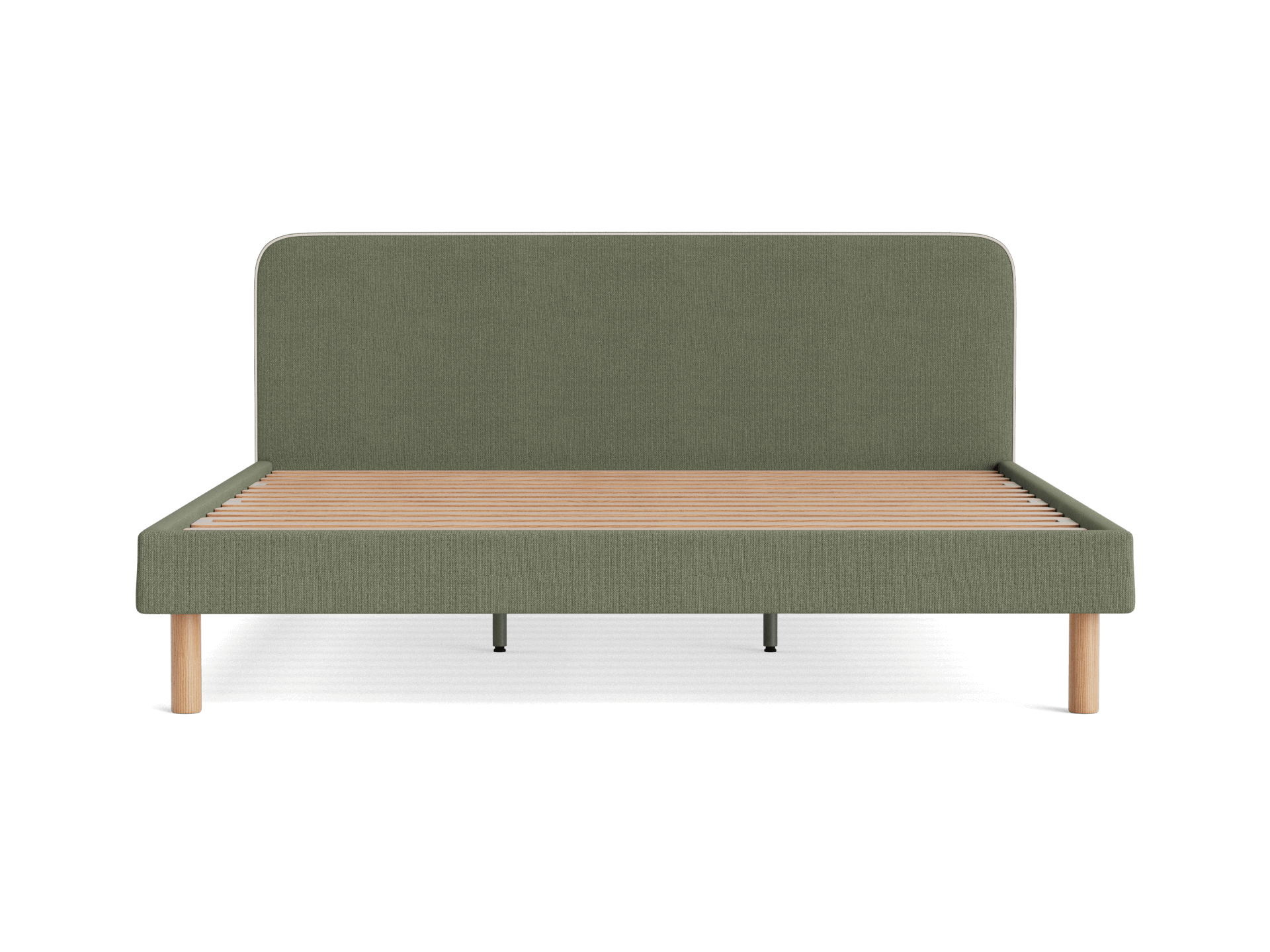 Olive green bed frame with a simple headboard, natural wood slatted base, and round wooden legs. Modern, minimalist design.