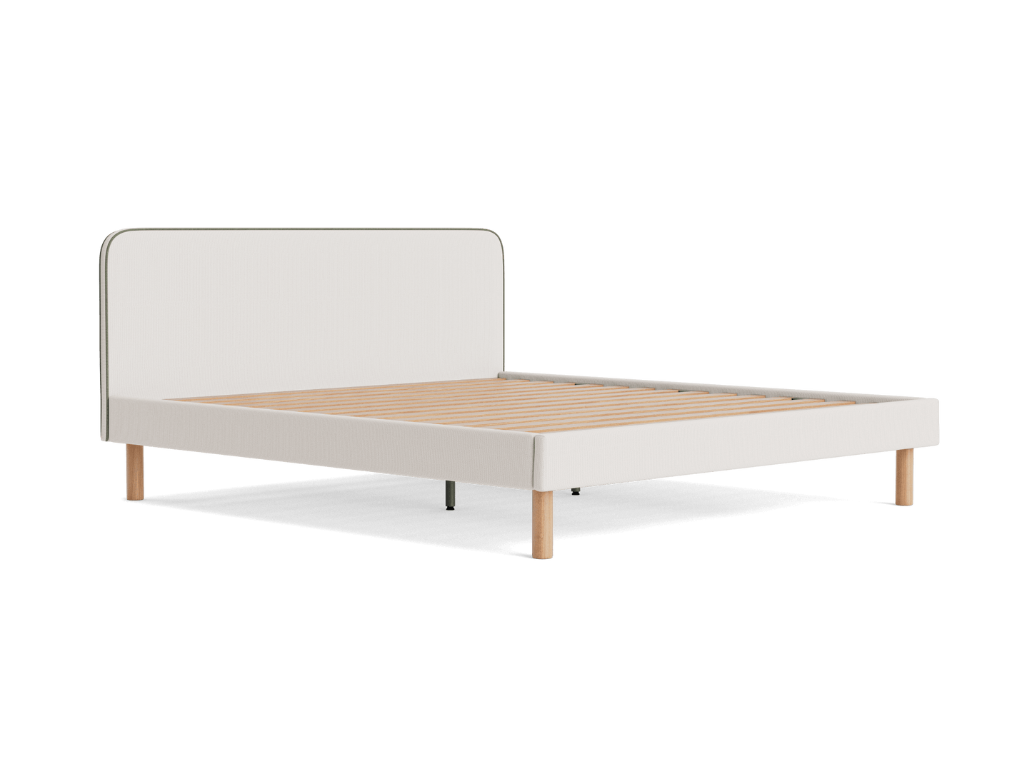 Minimalist bed frame with light wood accents, cream headboard, slatted base, and wooden legs, set against a white background.