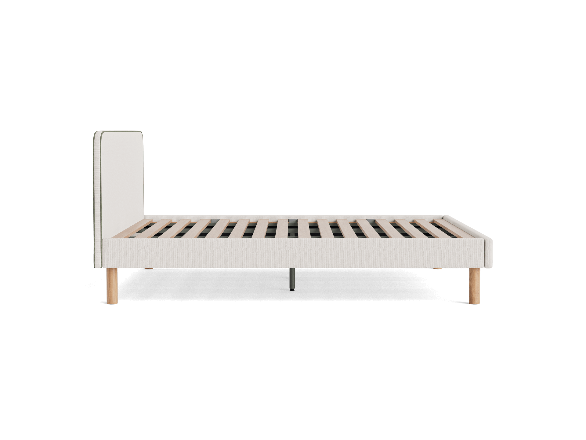 Side view of a light grey upholstered bed frame with wooden slats and light wooden legs on a white background.