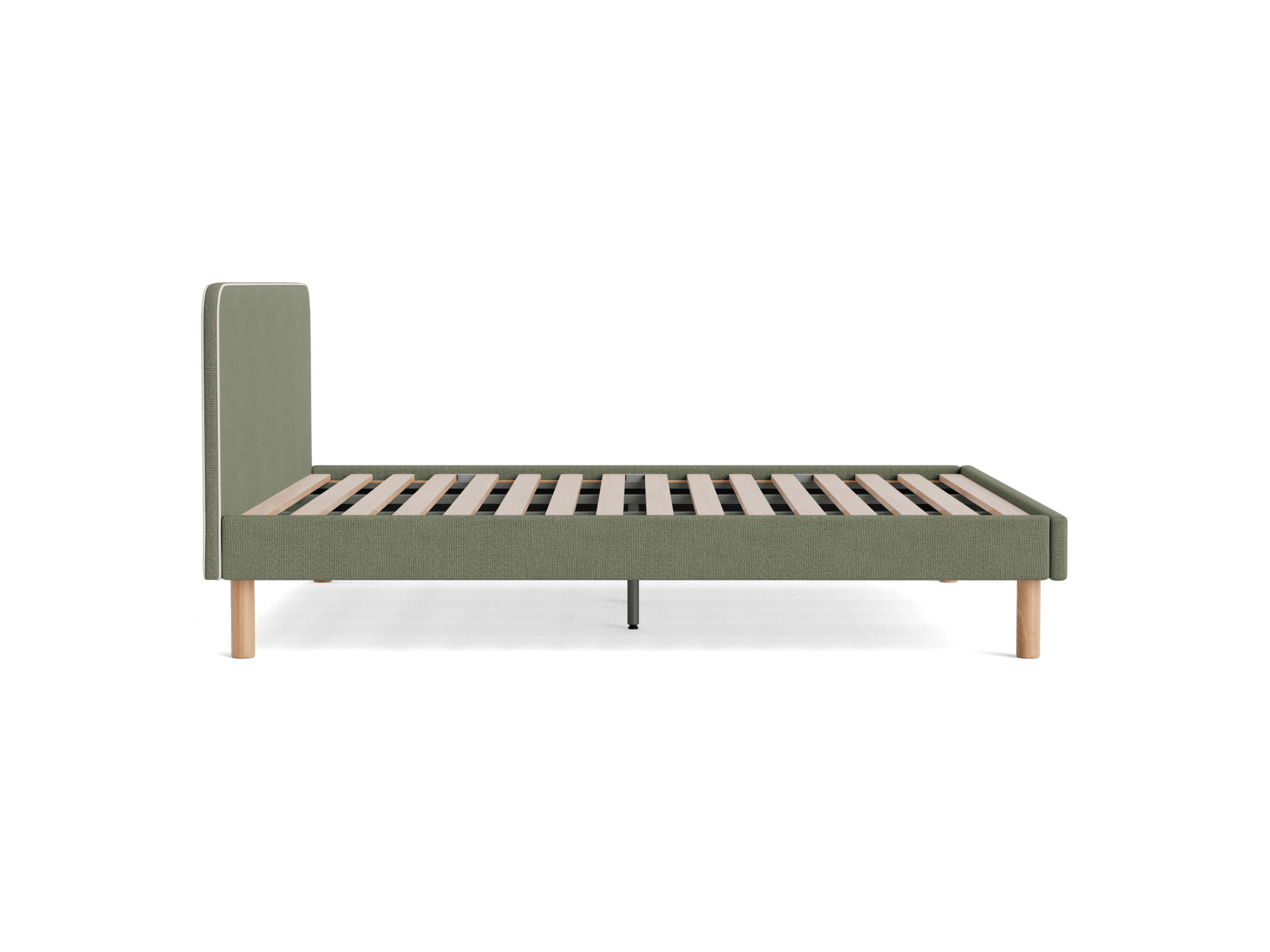 Olive green bed frame with a tall headboard, wooden slats, and light brown legs. Modern minimalist design.