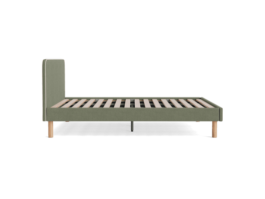 Olive green bed frame with a tall headboard, wooden slats, and light brown legs. Modern minimalist design.