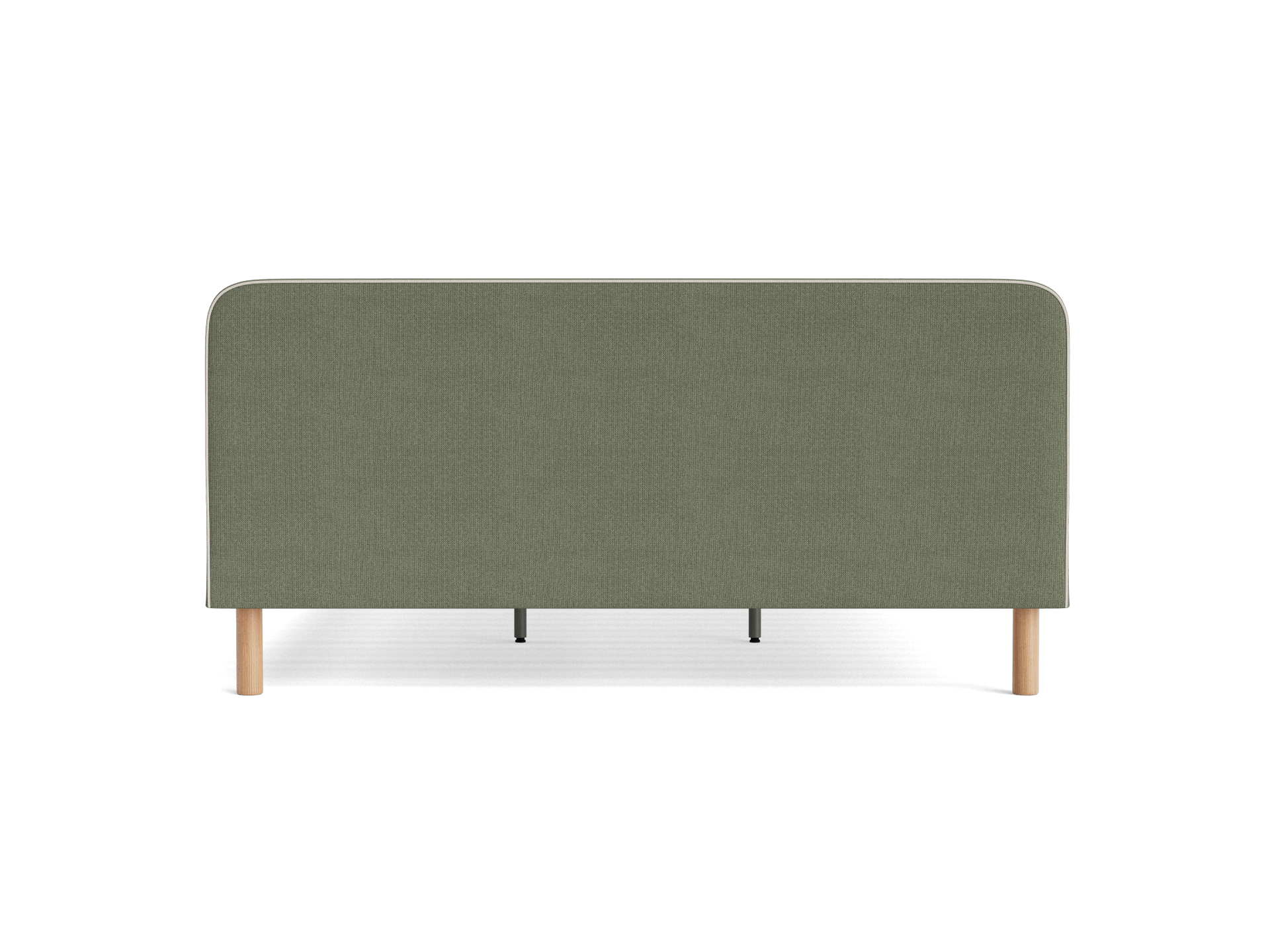 Olive green upholstered bedhead with rounded corners and light wooden legs, viewed from the front.