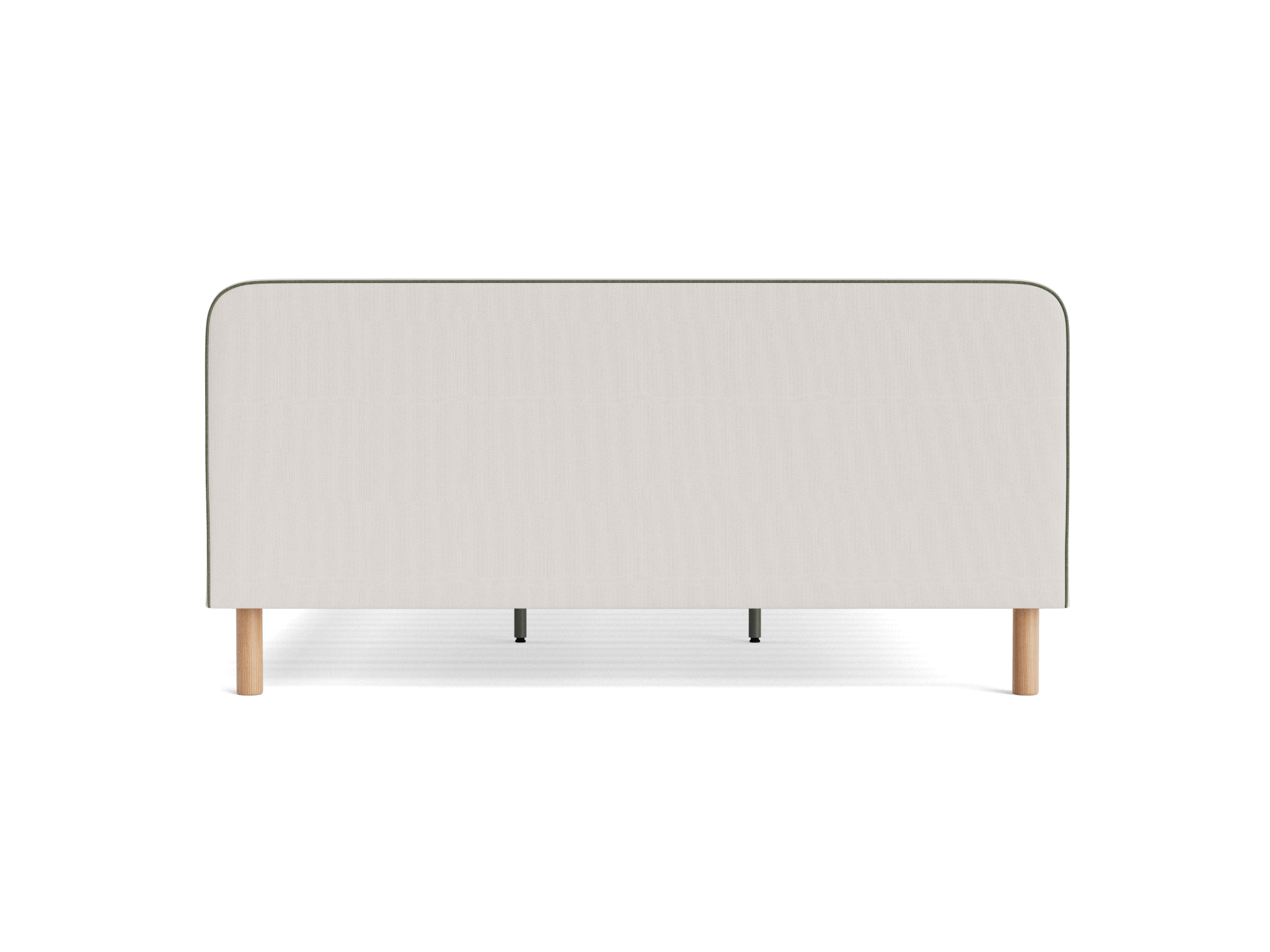 Light grey fabric bed base with rounded corners and wooden legs, viewed from the front.