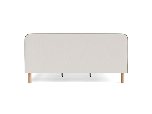 Light grey fabric bed base with rounded corners and wooden legs, viewed from the front.