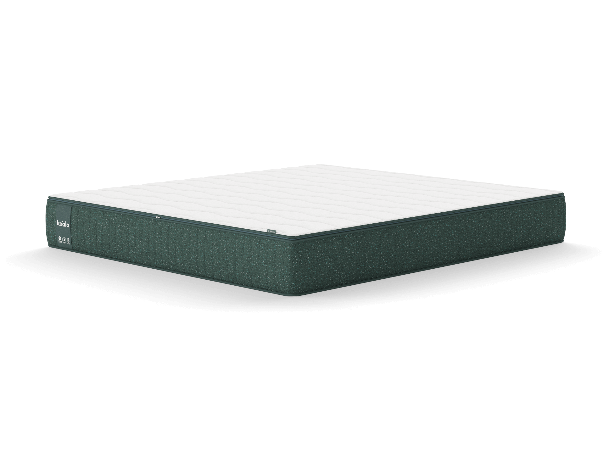 Modern mattress with a white top and dark green sides, featuring a minimalist design on a white background.