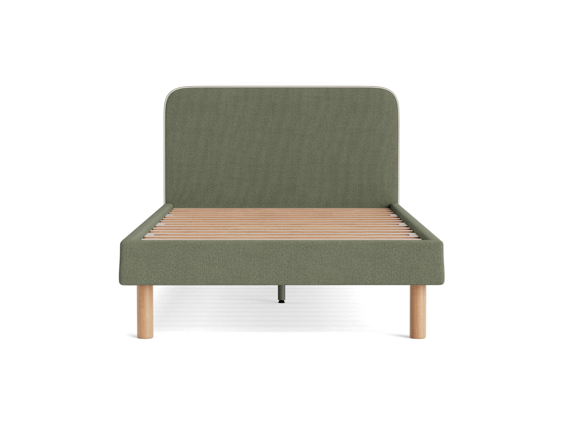 Olive green fabric bed frame with a high headboard and wooden slatted base, supported by four light wood cylindrical legs.