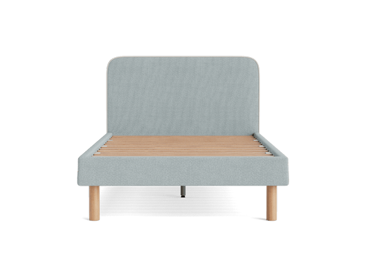 Light grey upholstered bed frame with a wooden slat base and light wood cylindrical legs. Minimalist and modern design.