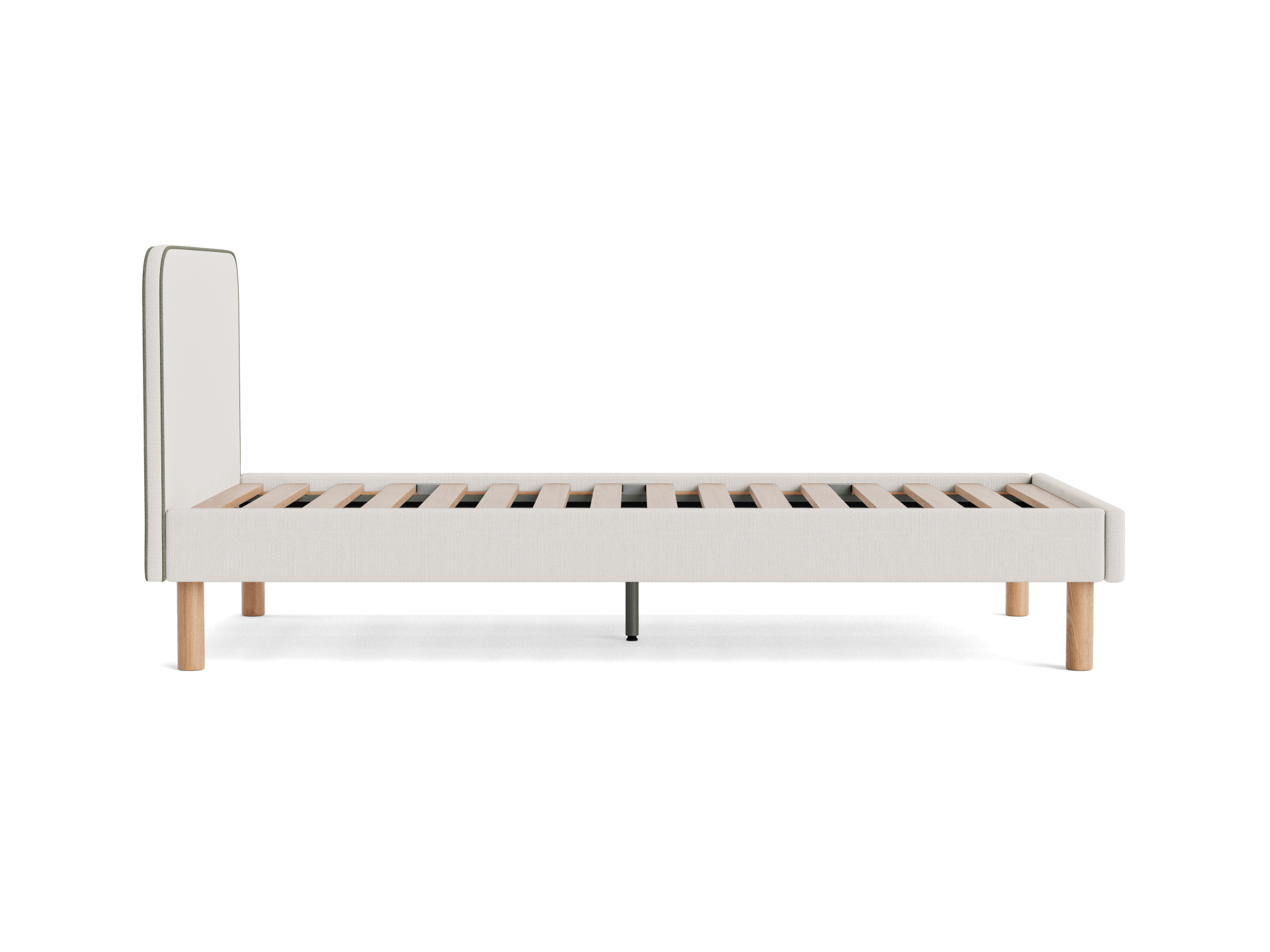 Light grey upholstered bed frame with vertical slats and short wooden legs, viewed from the side.