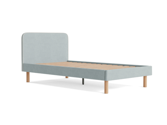 Light grey upholstered bed frame with a tall headboard and wooden legs. Slatted base visible, simple and modern design.
