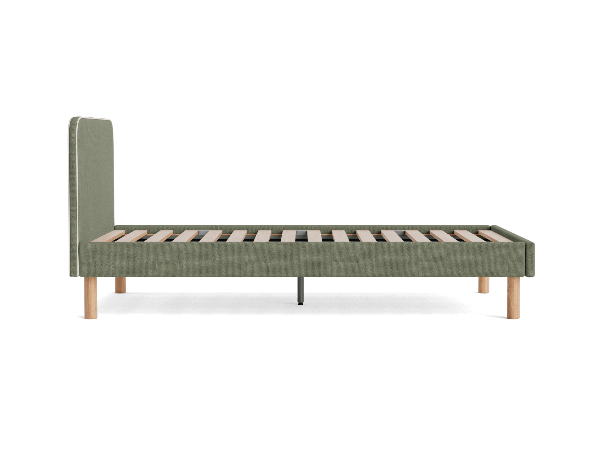 Sage green upholstered bed frame with wooden slats and four wooden legs, shown in profile against a white background.