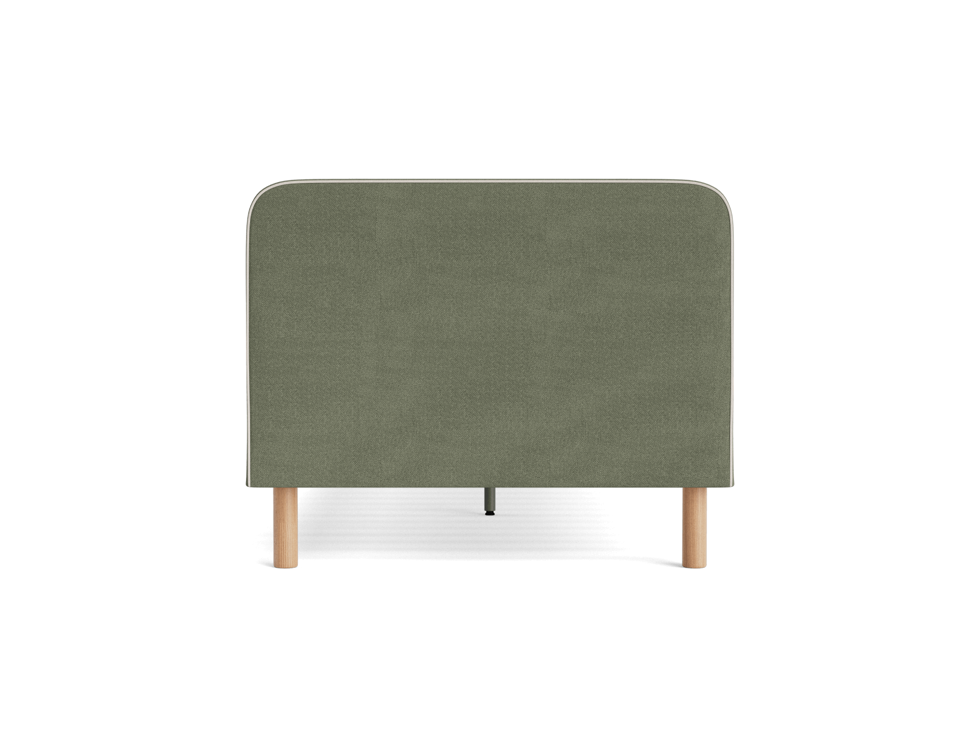 Olive green fabric sofa with wooden legs, viewed from the front. Features rounded corners and a minimalist design.