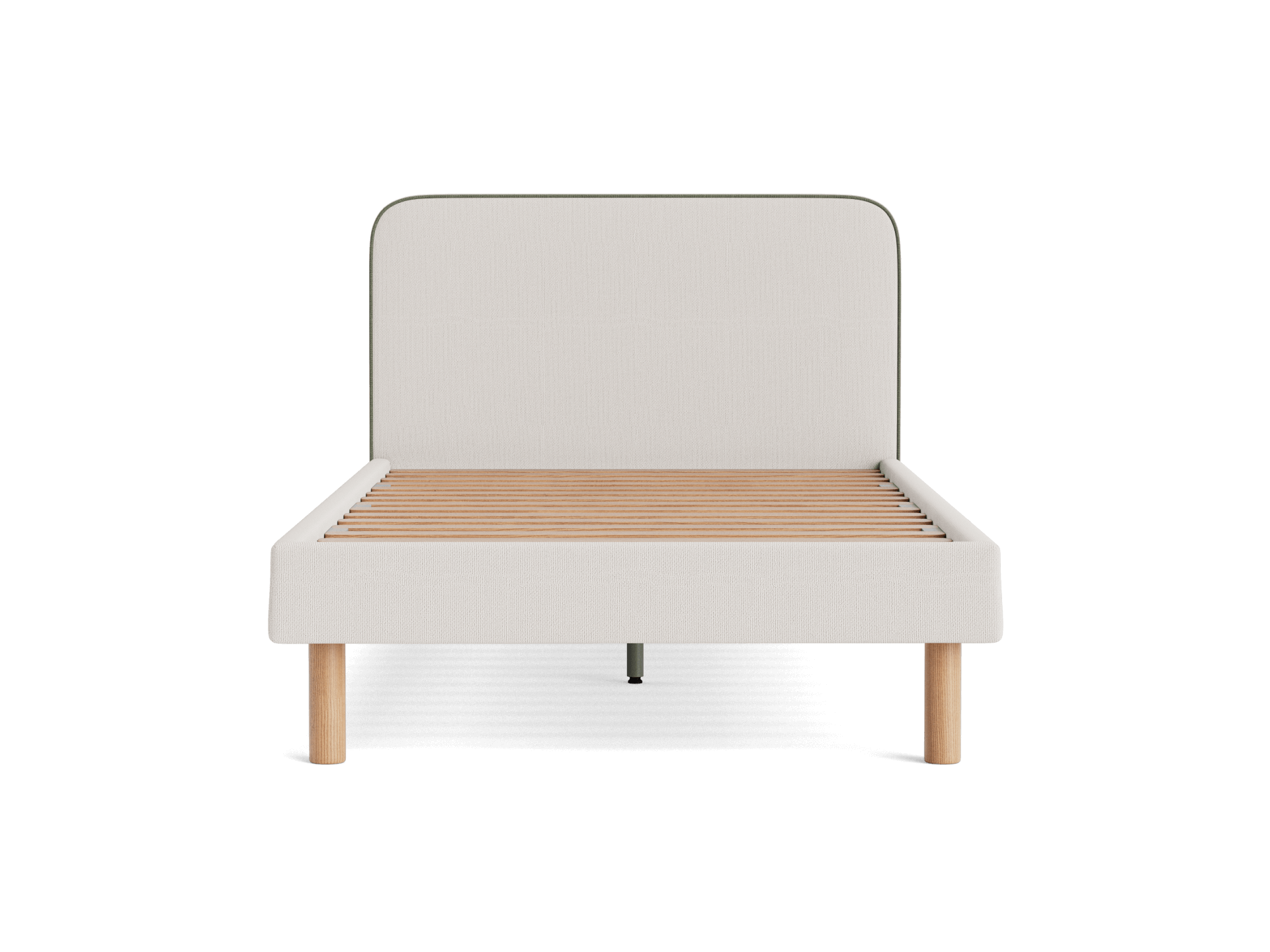 Minimalist bed frame with a beige fabric headboard, wooden slats, and light wood legs. Modern bedroom furniture design.