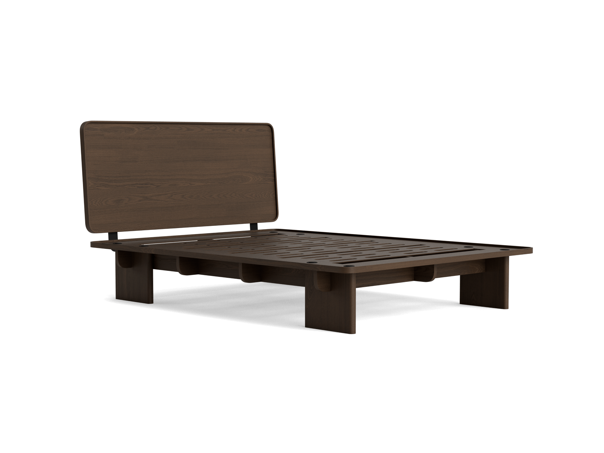 Dark brown wooden bed frame with a slatted base and raised headboard, minimalist design.