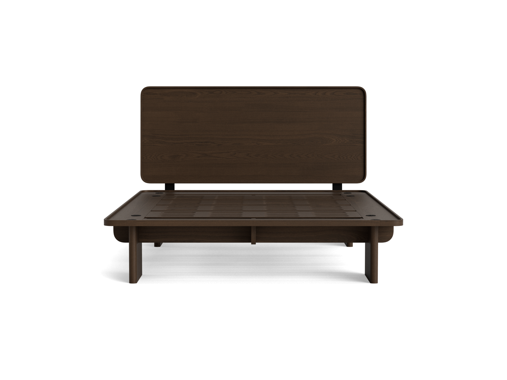 Dark brown wooden bed frame with a rectangular headboard and slatted base. Simple, modern design with clean lines.