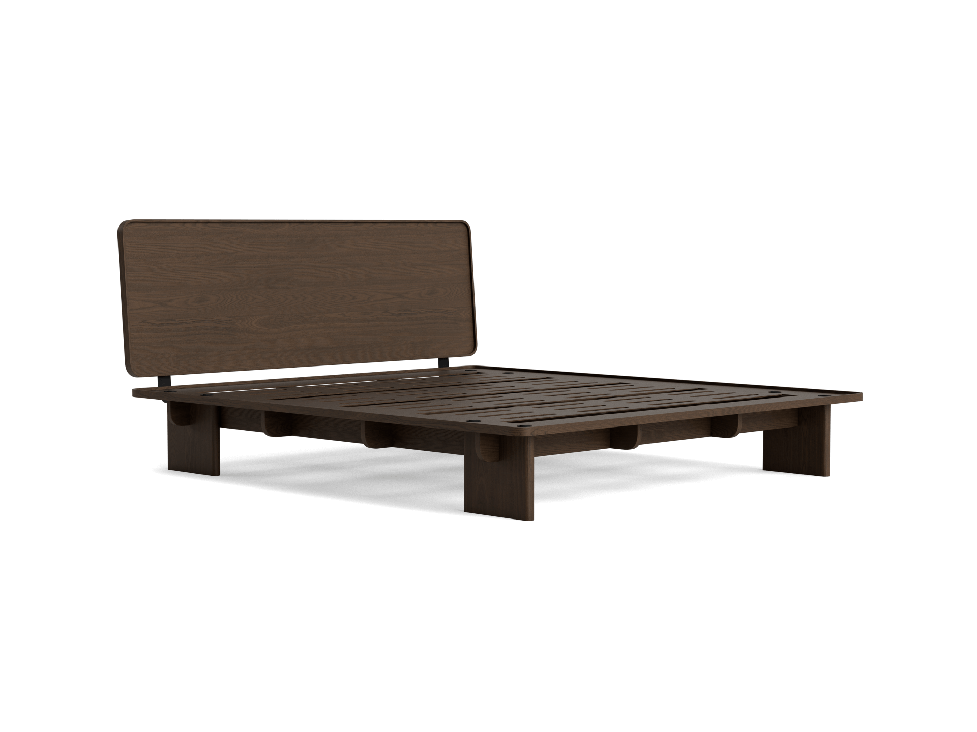 Dark brown wood bed frame with a simple headboard, featuring a low-profile and slatted base. Stylish, modern bedroom furniture.