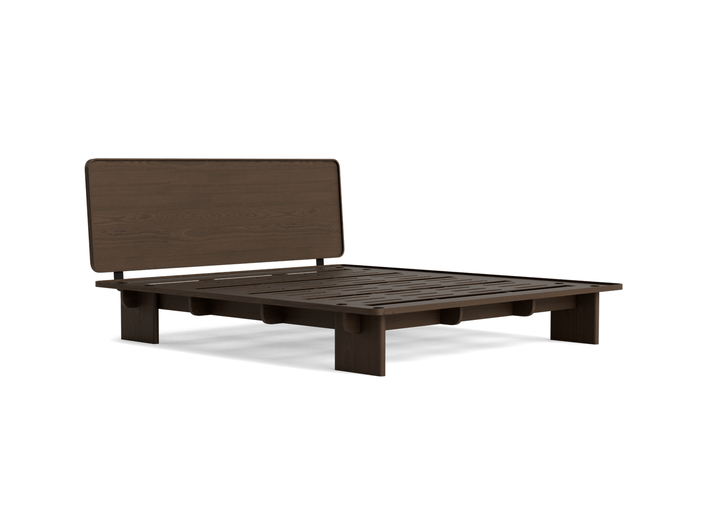 Dark brown wooden platform bed frame with a slatted base and simple headboard. Minimalist design, no mattress included.