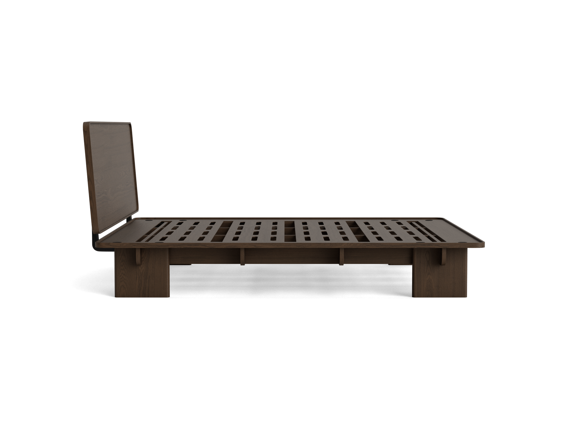 Dark brown wooden platform bed frame with a slatted base and a raised headboard, viewed from the side.