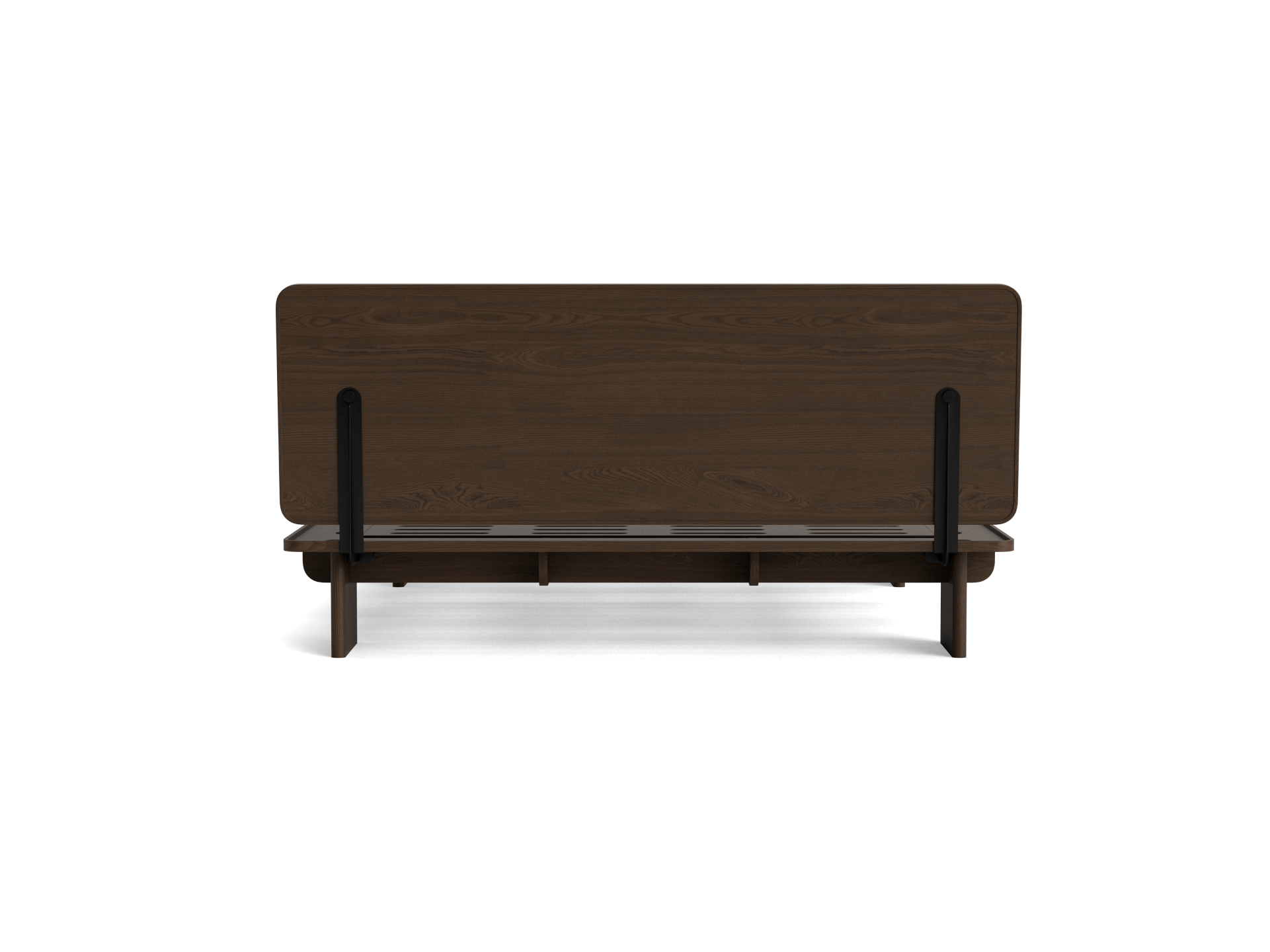 Dark brown wooden bed frame with vertical black supports, viewed from the back. Simple, minimalist design on a white background.