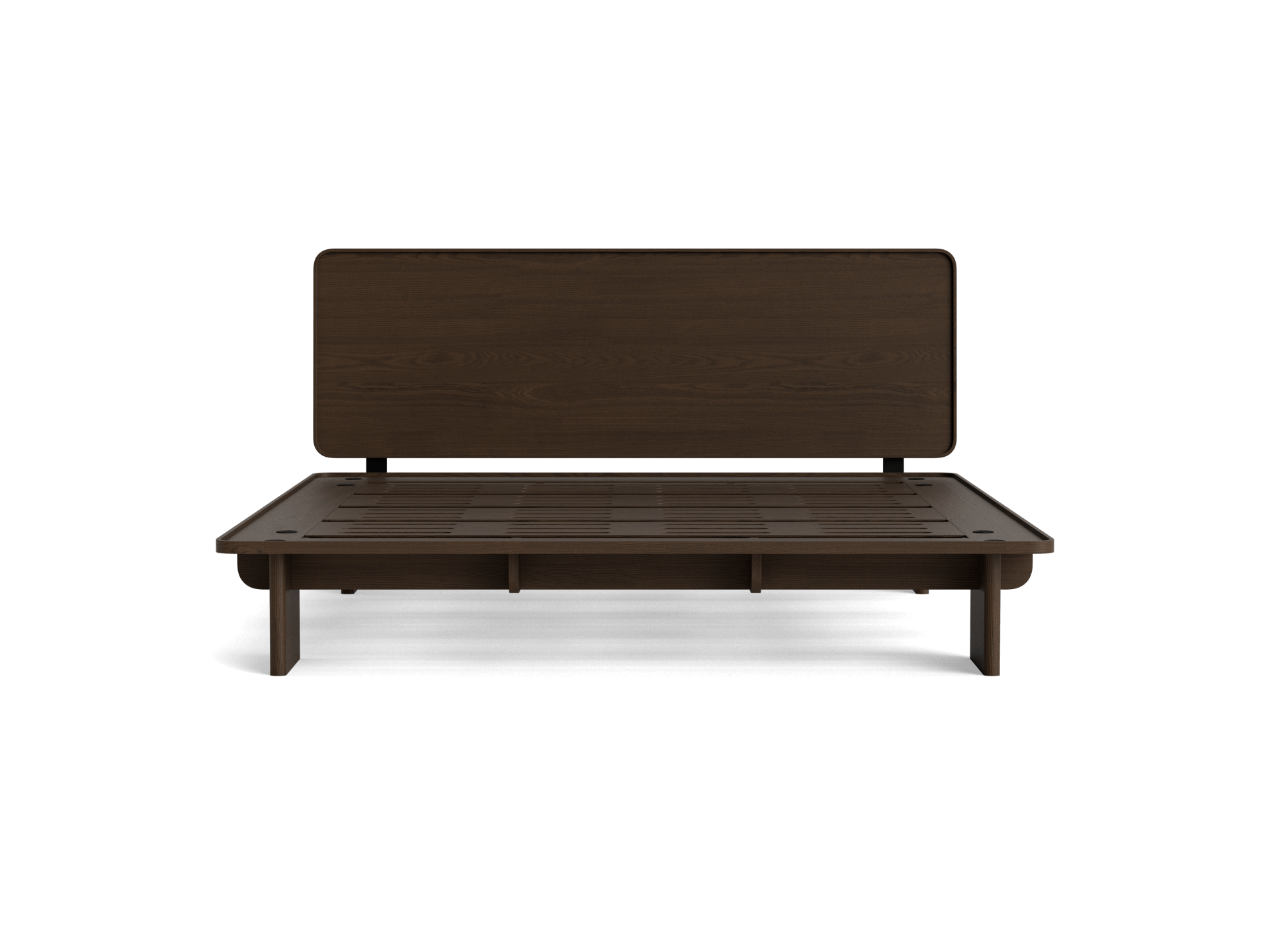 Dark brown wooden bed frame with a rectangular headboard and slatted base, minimalist design. Perfect for modern bedroom decor.
