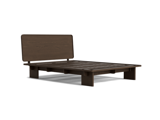 Dark brown wooden platform bed frame with a matching headboard, featuring a minimalist design and low profile.