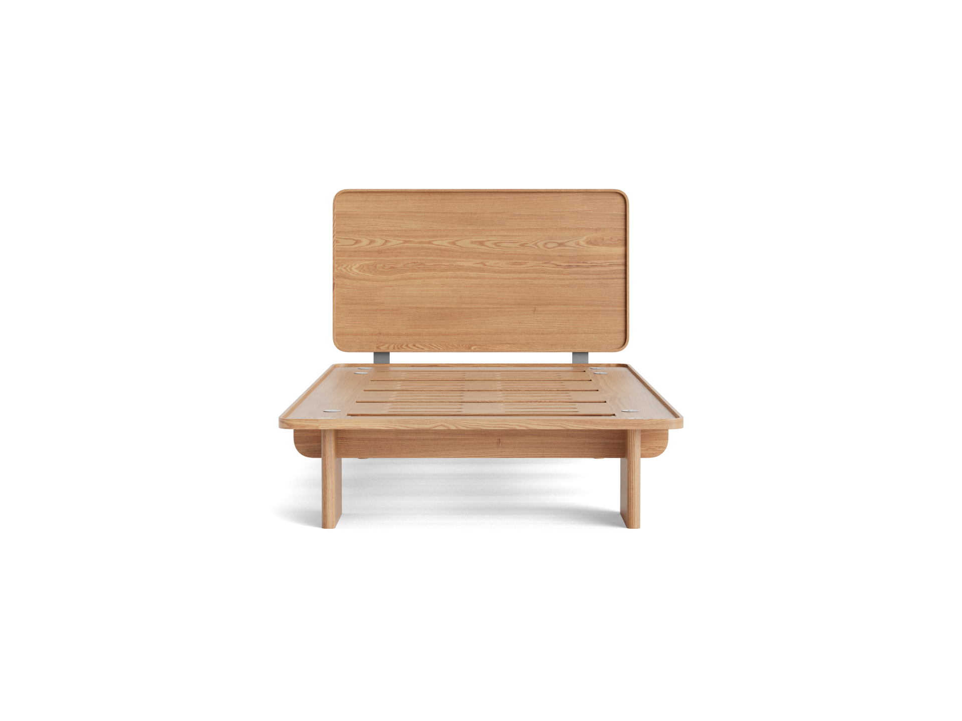 Light brown wooden bed frame with a minimalist design, featuring a slatted base and rectangular headboard. Ideal for modern bedroom decor.