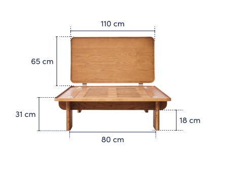 Wooden folding table with adjustable backrest. Dimensions marked: 110 cm width, 80 cm depth, 65 cm backrest, 31 cm height, 18 cm leg clearance.