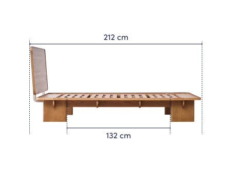 Wooden bed frame with slatted base and headboard, measuring 212 cm long and 132 cm wide.