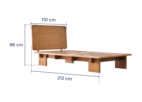 Wooden bed frame with a slatted base and headboard. Dimensions: 212 cm long, 110 cm wide, 96 cm high. Light brown finish.