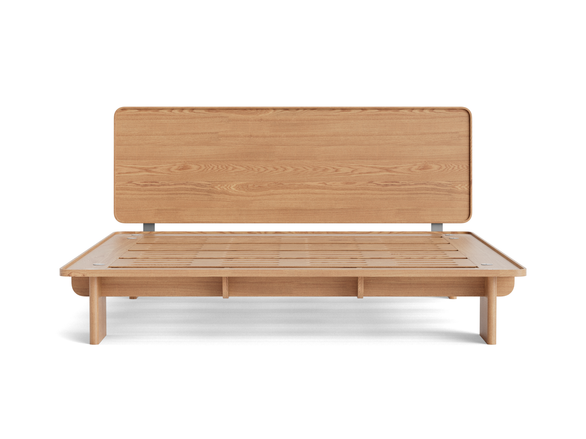 Wooden bed frame with a light brown finish, featuring a rectangular headboard and a slatted base. Simple, modern design.